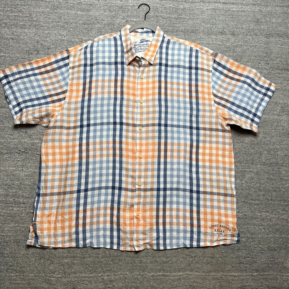 Tommy Bahama Linen Shirt Mens Plaid Short Sleeve Collared Relax XXL 2XL